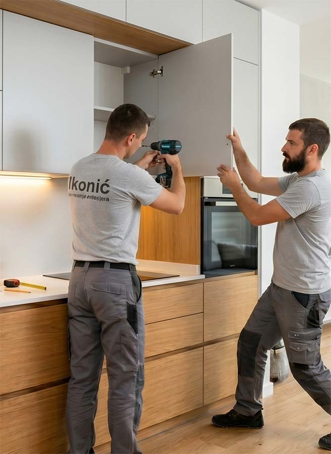 Montaža kuhinje po meri sa ugradnjom gornjih elemenata i završnim podešavanjem
